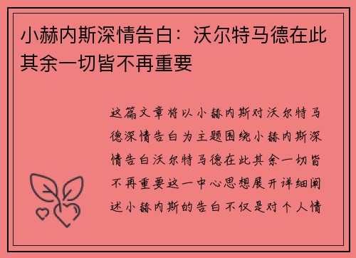 小赫内斯深情告白：沃尔特马德在此其余一切皆不再重要