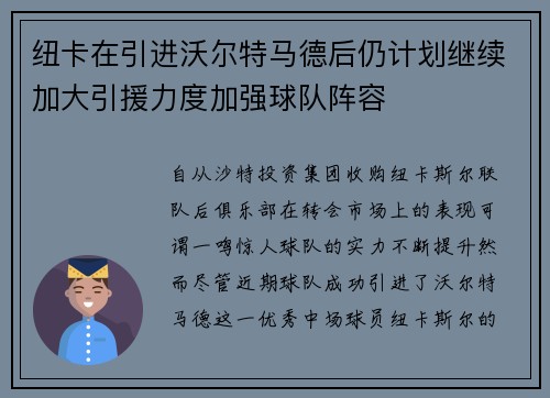 纽卡在引进沃尔特马德后仍计划继续加大引援力度加强球队阵容